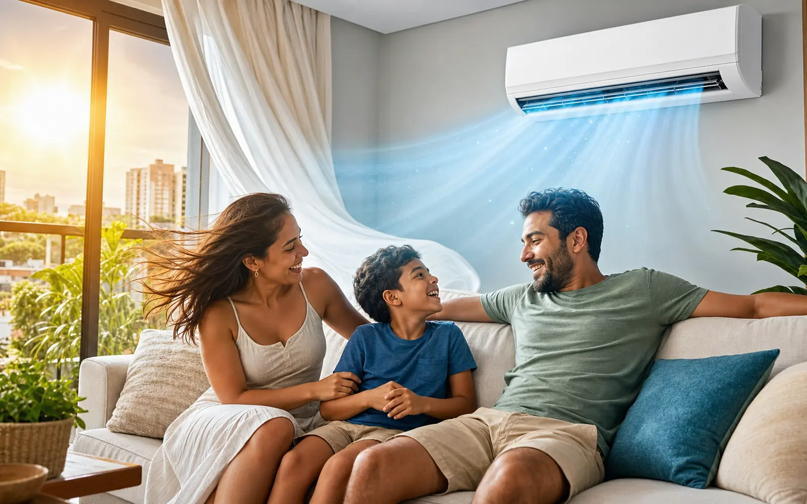 Ilustração fotorrealista de uma família de três pessoas se refrescando com o ar frio de um split em uma sala ensolarada