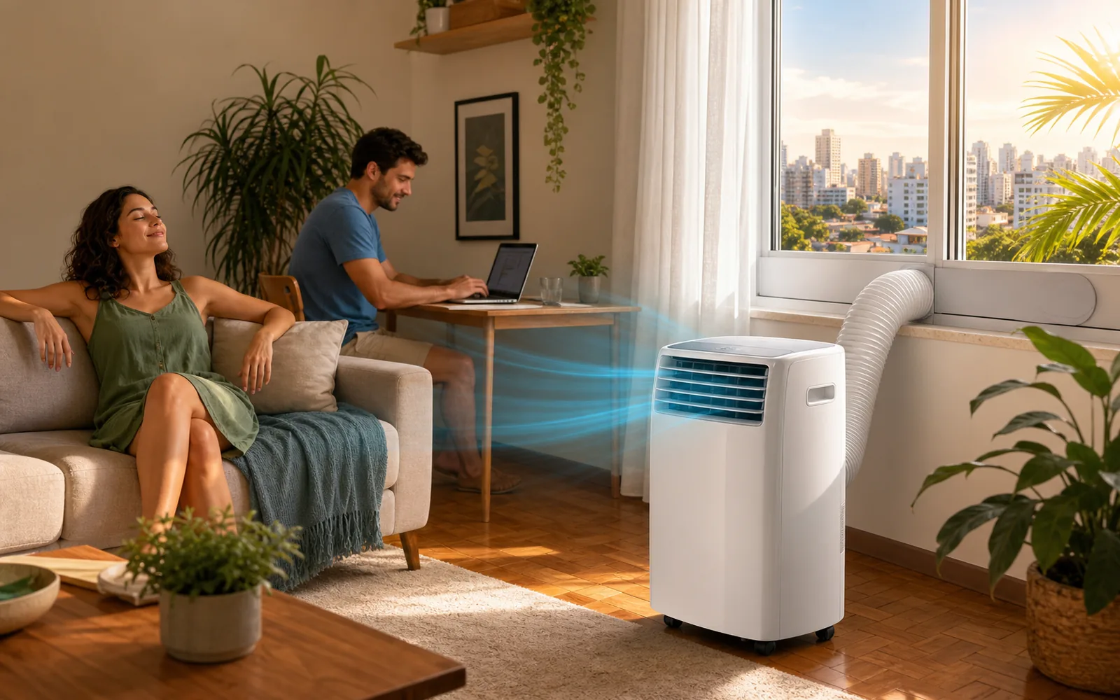 Ilustração fotorrealista de um ar-condicionado portátil ligado à janela enquanto duas pessoas aproveitam uma sala mais fresca.