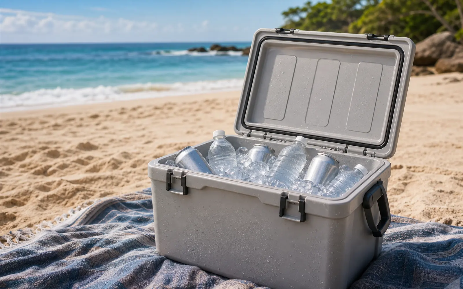 Ilustração fotorrealista de uma caixa térmica aberta com bebidas geladas em uma praia ensolarada