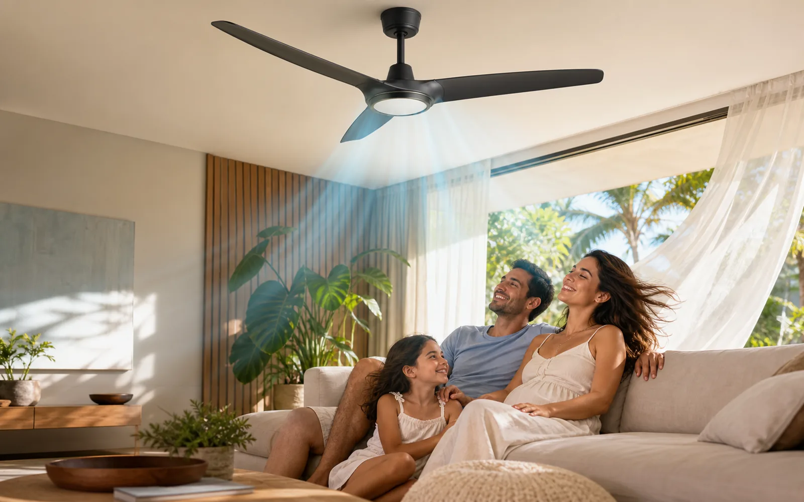 Ilustração fotorrealista de uma família se refrescando sob um ventilador de teto em uma sala iluminada