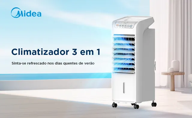 Climatizador Midea AKAF1 AKAF2 em ambiente claro com destaque para função 3 em 1