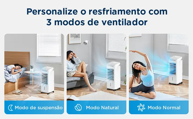 Três modos de ventilador do climatizador Midea AKAF1 AKAF2 em imagem explicativa