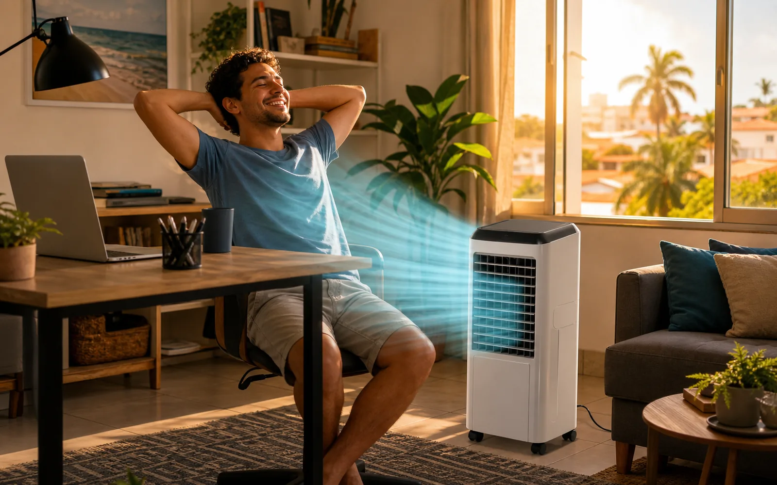 Ilustração fotorrealista de uma pessoa se refrescando com um climatizador em um home office durante uma tarde quente