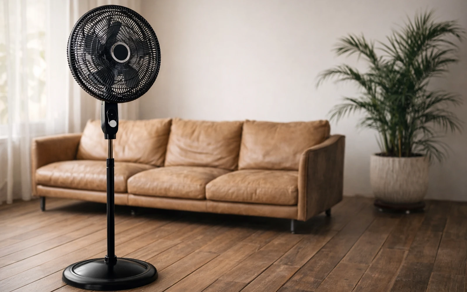 Ventilador de coluna em sala de estar, representando comparação de modelos para uso residencial